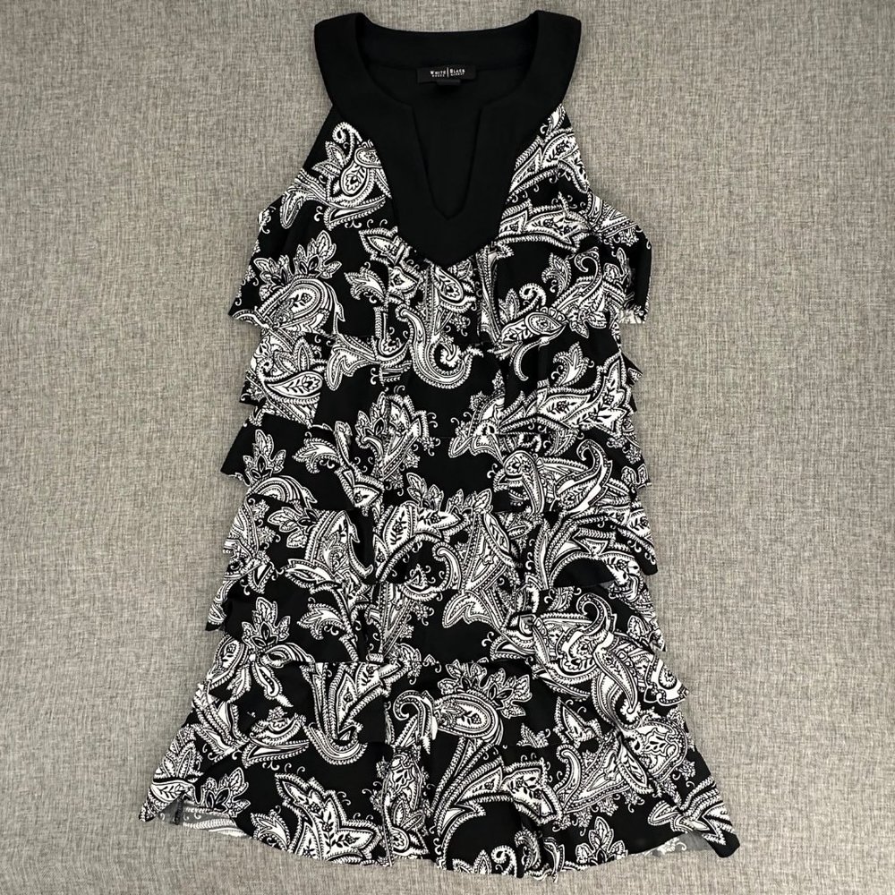 White House Black Market Tiered Dress Ruffled Sleeveless XS Black & White